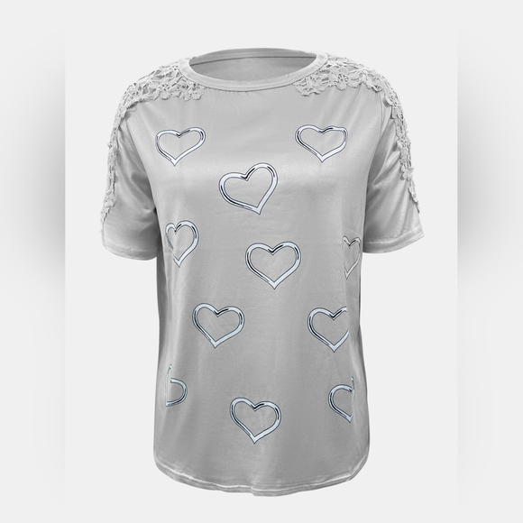 Full Size Lace Detail Heart Round Neck Short Sleeve Top - Picture 3 of 5